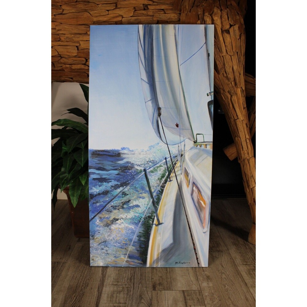 Original Sailing Seascape Painting 24x48 Acrylic Resin Signed Nautical Art